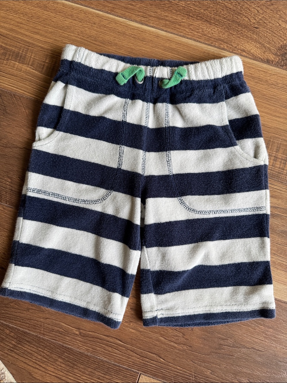 Mini Boden Navy and White Striped Terry Shorts with Green Drawcord